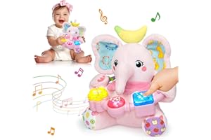 Ryotagift Baby Bilingual Musical Elephant Stuffed Animals Toys,Infant Early Learning Toy with Light-Up Music & Crinkle,Tummy Time Toys for 0 3 6 9 12+ Months for Baby Boy Girl Gift,Pink