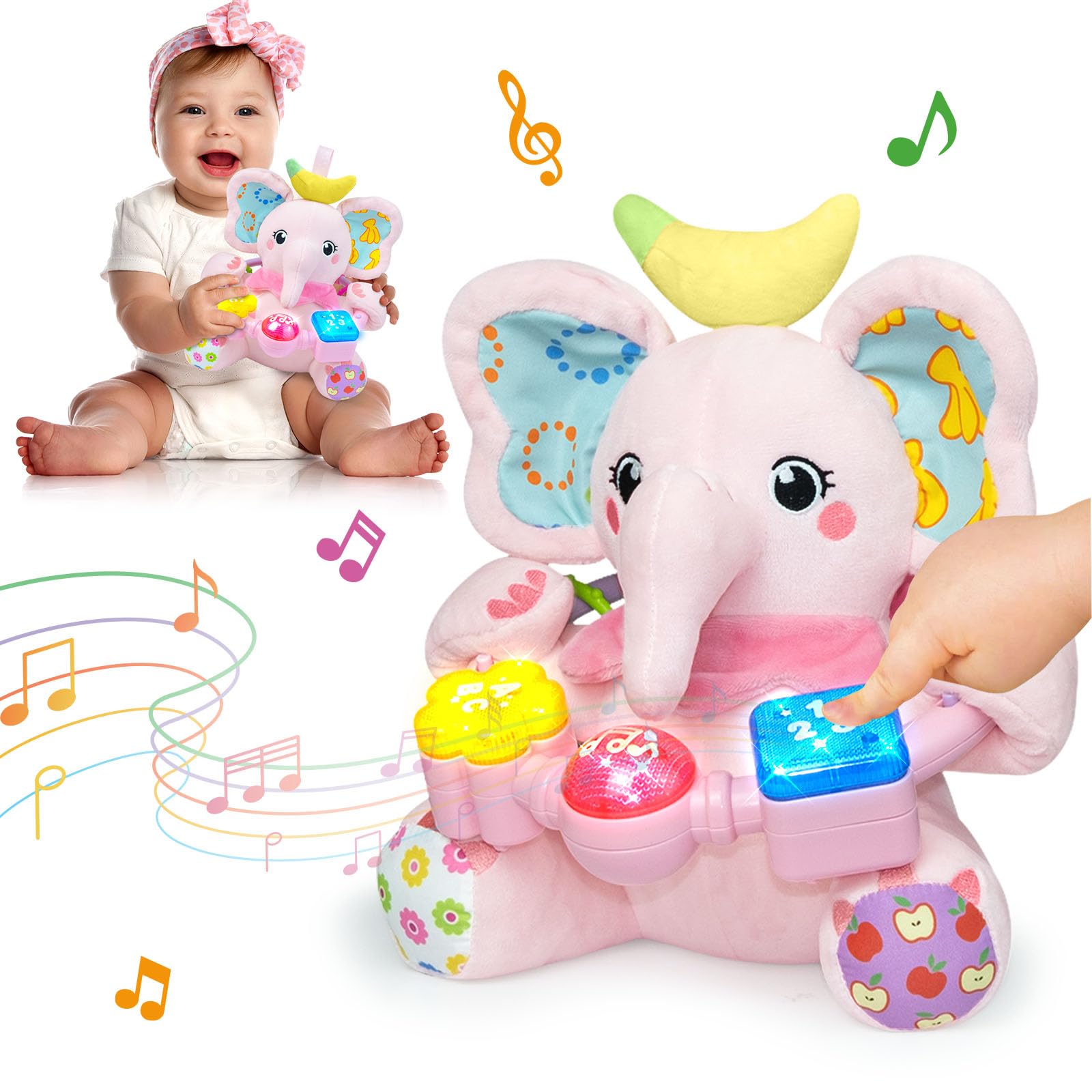 Photo 1 of Ryotagift Baby Bilingual Musical Elephant Stuffed Animals Toys, Infant Early Learning Toy with Light-Up Music & Crinkle, Tummy Time Toys for 0 3 6 9 12+ Months for Baby Boy Girl Gift, Pink