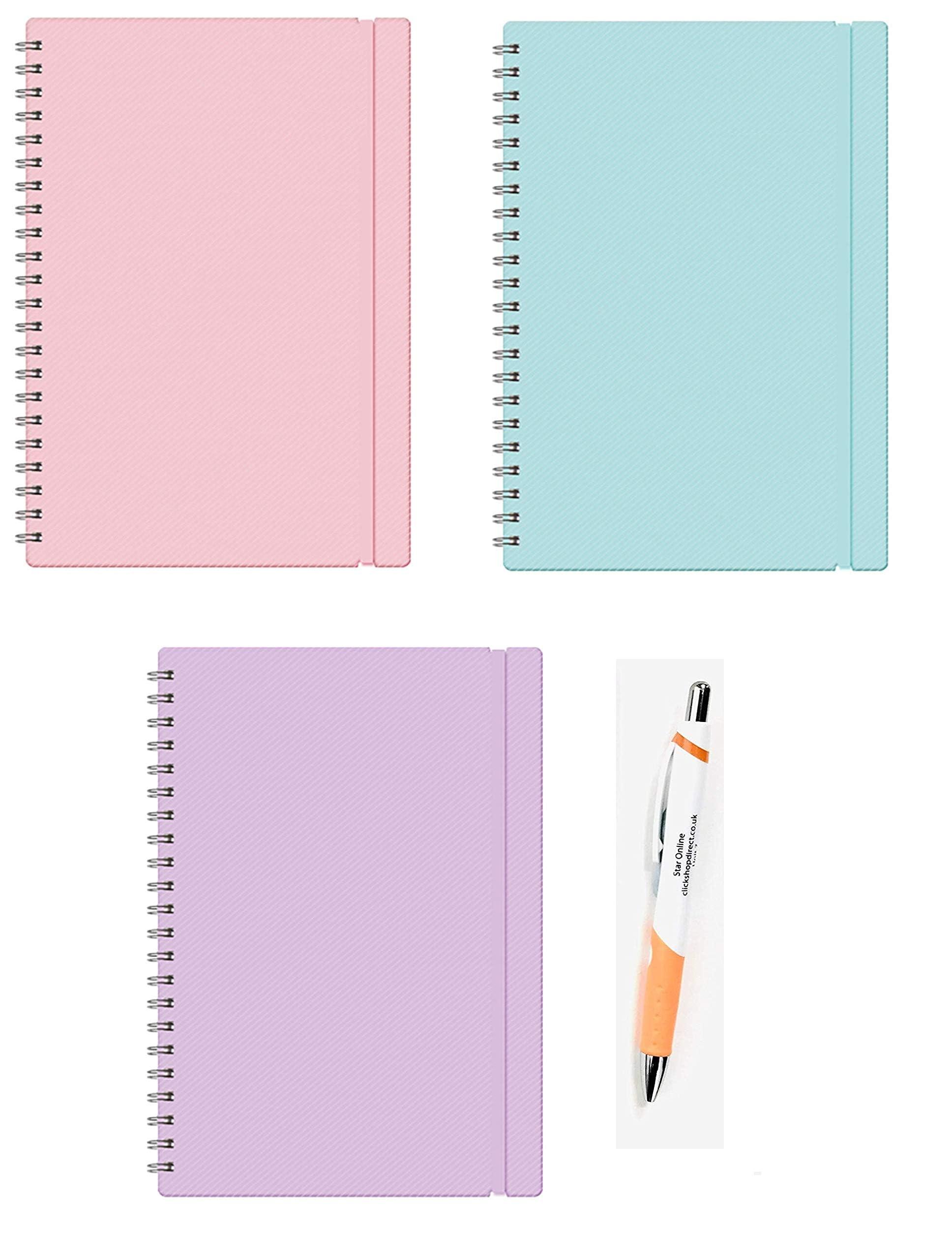 Star Online A4 Jotta Wiro Bound Ruled Notebooks Assorted Pastel Colours - Pack Of 3-70GSM Elasticated Band For Secure Closure