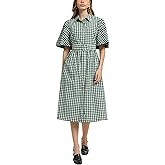 D-Sun Women Plaid Shirt Dress Button Down Gingham Collared Short Cape Sleeves V Neck Casual Belt Mid Dress with Pocket