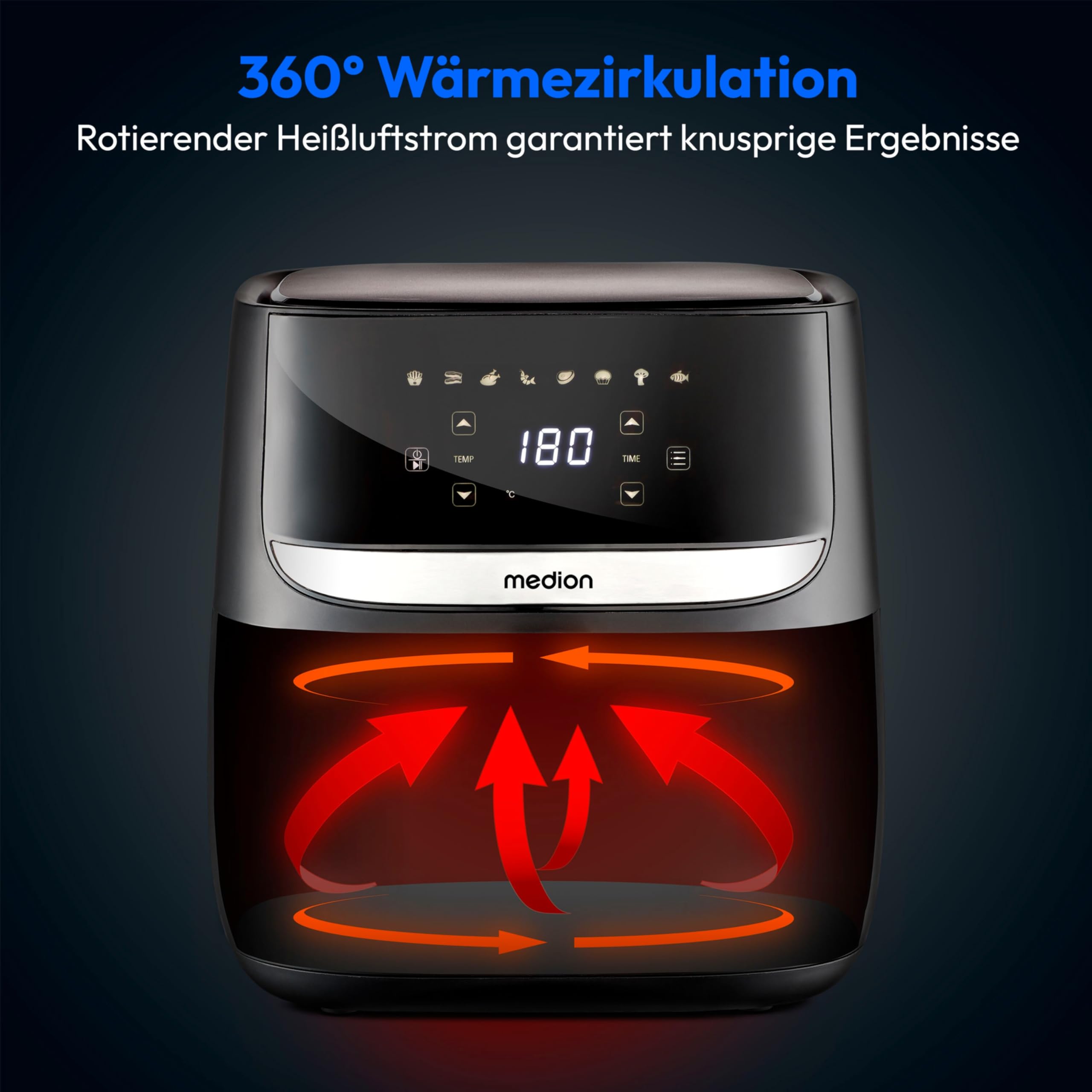 MEDION E50 XL Heißluftfritteuse (5,7 Liter, Airfryer, ca. 1700 Watt, Digitales Bedienfeld, 8 Automatikprogramme, ölfreies Frittieren, 30 Min Timer, Überhitzungsschutz, MD10532) 2