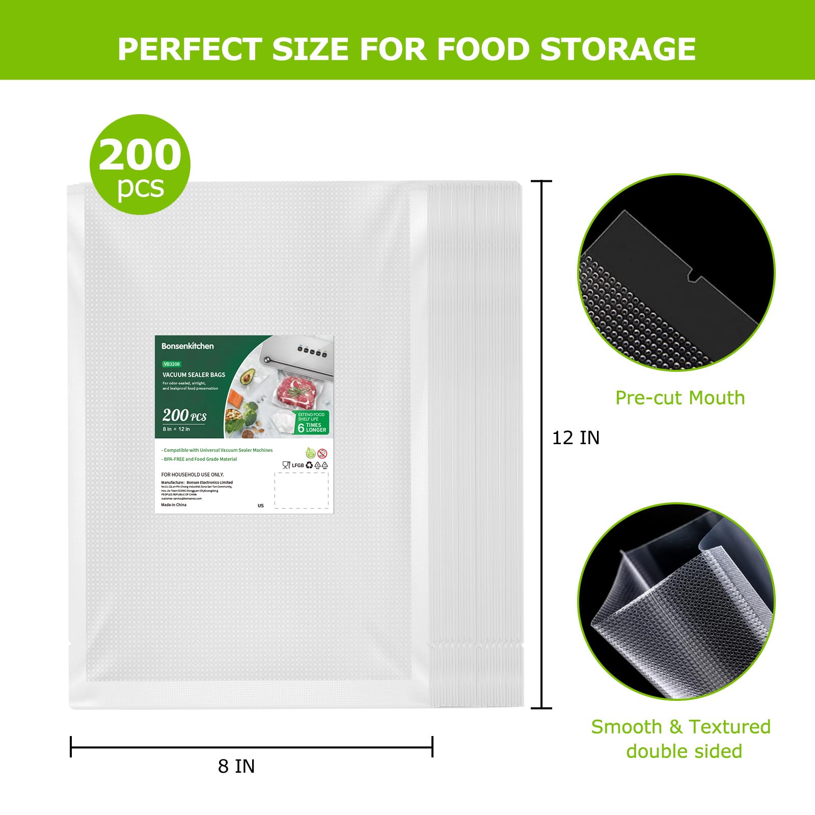 Bonsenkitchen Precut Vacuum Sealer Bags 200 Quart 8