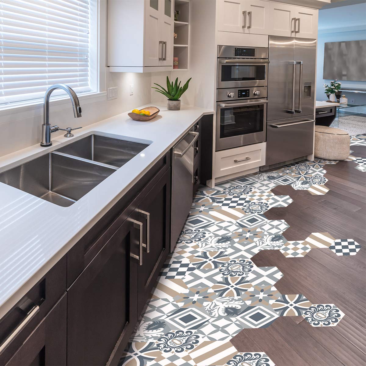 Ambiance Sticker Peel and Stick Decorative Hexagon Suziana Floor Tile, DIY Home Decor, Peel and Stick Removable Stickers, Waterproof Non-Skid Sticker - H40 x L90 cm - 10 Stickers of 20 x 18 cm