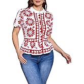 winkbay Women's Plus Size Blouse Floral Embroidered Contrast Color Print Tops Puff Sleeve Shirt