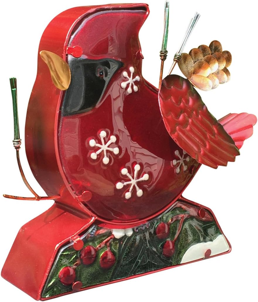 Clovers Garden 12” Tall Christmas Lighted Red Cardinal Bird Decoration – Holiday Home Décor - Metal and Glass Artisan, Vintage Look for Mantel or Table, Indoor Use