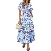 PRETTYGARDEN Women Summer Boho Maxi Dresses 2025 V Neck Puff Short Sleeve A-Line Flowy Tiered Floral Wedding Guest Dress