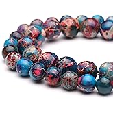 Youngbling Natural Gemstone Beads for Jewelry Making,8mm Blue Imperial Jasper Polished Round Smooth Stone Boho Beads for Bracelet Necklace 15 Inch(Blue Imperial Jasper,8mm)