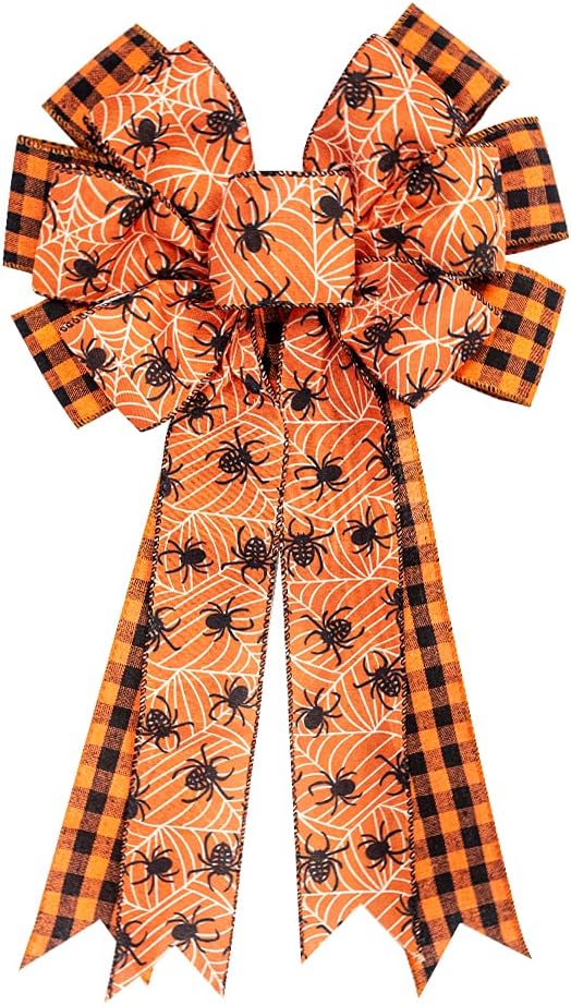 Bows & Ribbons - Halloween Wreath Bow Black with Orange Buffalo Plaid Halloween Wreath Bow Rustic Bowknot Ornaments Spide Web Patterns Bows Large Burlap Bow Holiday Decorative Bows for Halloween Party Home Decoration