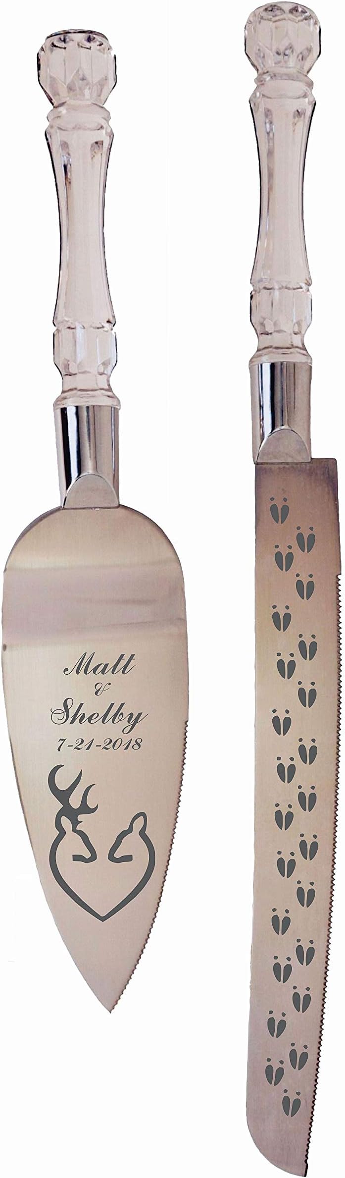 Brwn Deer buck & doe Heart Engraved Wedding Cake Knife / Server Set with Names and Date