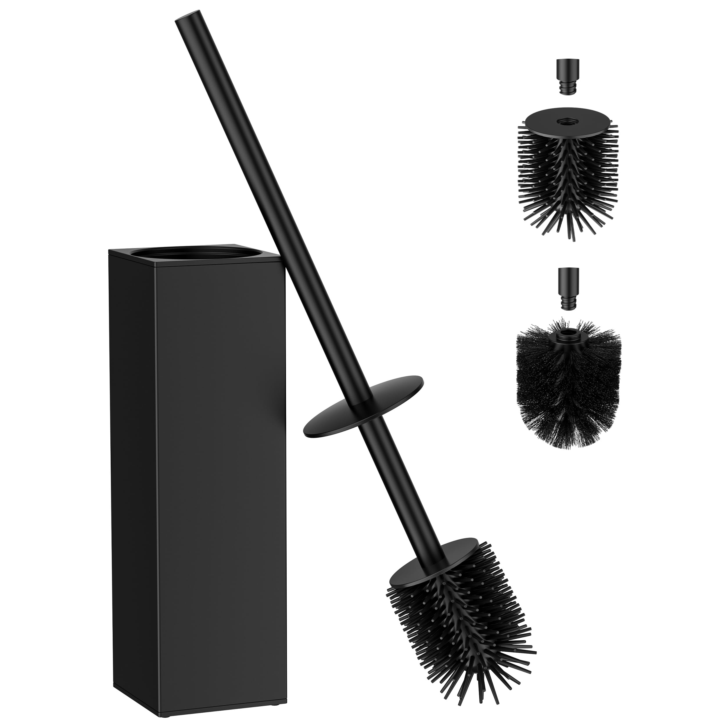 FORIOUS Silikon Toilettenbürste aus Edelstahl, 50 cm Extra Langer Griff, Anti-Spritz Design, Inkl. Ersatzkopf & Abnehmbarem Innenbecher – Saubere, Hygienische WC Bürste/Klobürste Schwarz für Bad