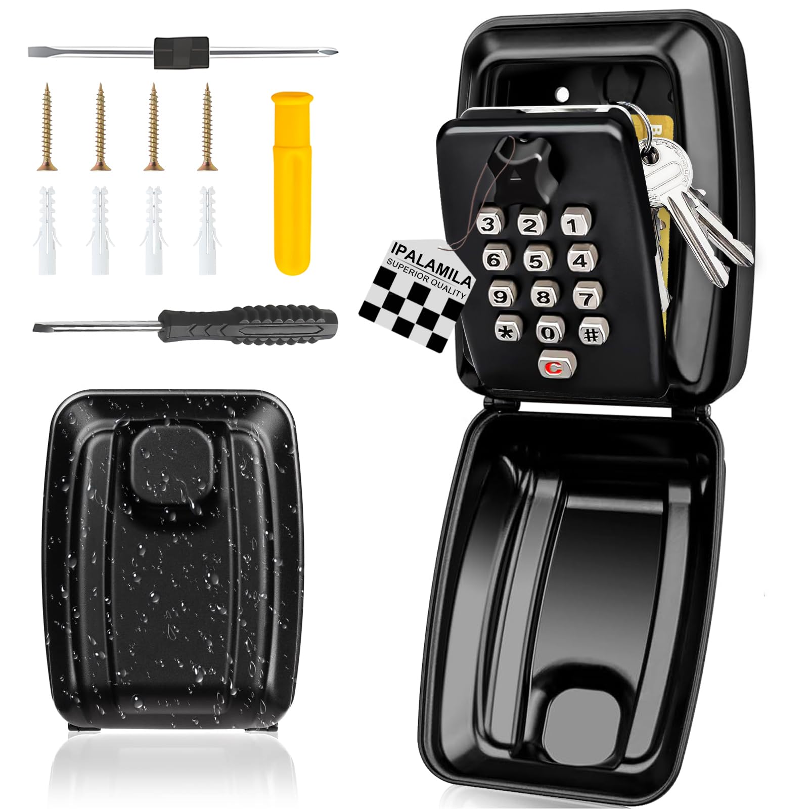 iPalamila Key Safe, Key Safe Outdoor Waterproof Wall Mounted, Key lock Box Wall Mounted,12-Digit Combination Key lock Box with Weatherproof Cover For Home Garage Office School (black-2)