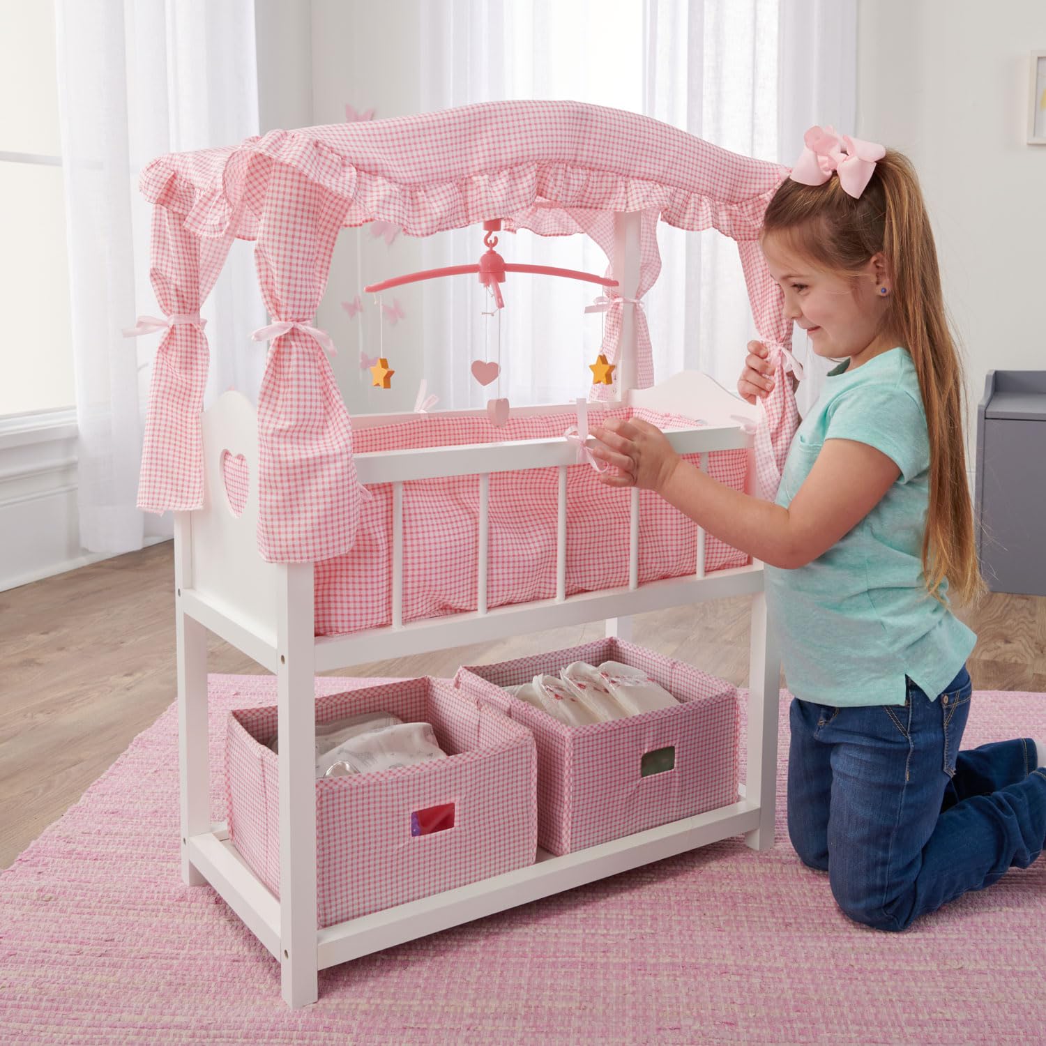 Badger Basket Doll Crib with Bedding, Storage Baskets, Mobile & Personalization Kit - Ideal Nursery Set for Dolls Up to 22 Inches, Best for Doll Accessories & Playtime - White/Pink