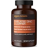 Amazon Elements Chelated Zinc + Copper, 15 mg Chelated Zinc, 2 mg Copper Glycinate - Immune System Support -180 Capsules (6 m
