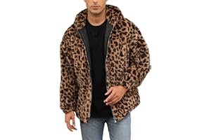 SOMTHRON Men's Faux Fur Leopard Hooded Jacket Shaggy Coat Zip Up Winter Warm Fluffy Furry Parka Overcoat