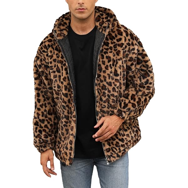 ★JOHNBULL  LEOPARD FLEECE ZIP PARKER★ Mens Leopard Fleece Jackets Faux-Fur Hood Fuzzy Outerwear Unisex