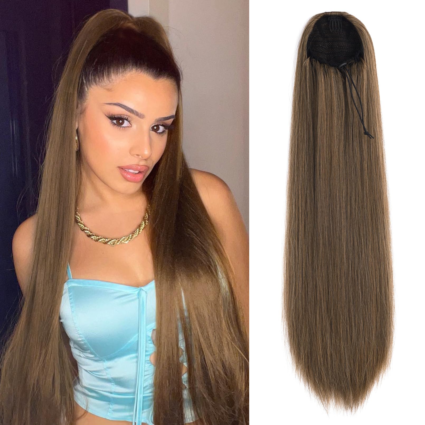 REECHO Ponytail Extension, 28" Long Straight Drawstring Pony Hair Extension Synthetic Pony Tail Hairpiece for Women — image 1