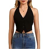 MakeMeChic Women's Button Front Halter Crop Tops Tie Back Fitted Vest Top Suit Vest Waistcoat
