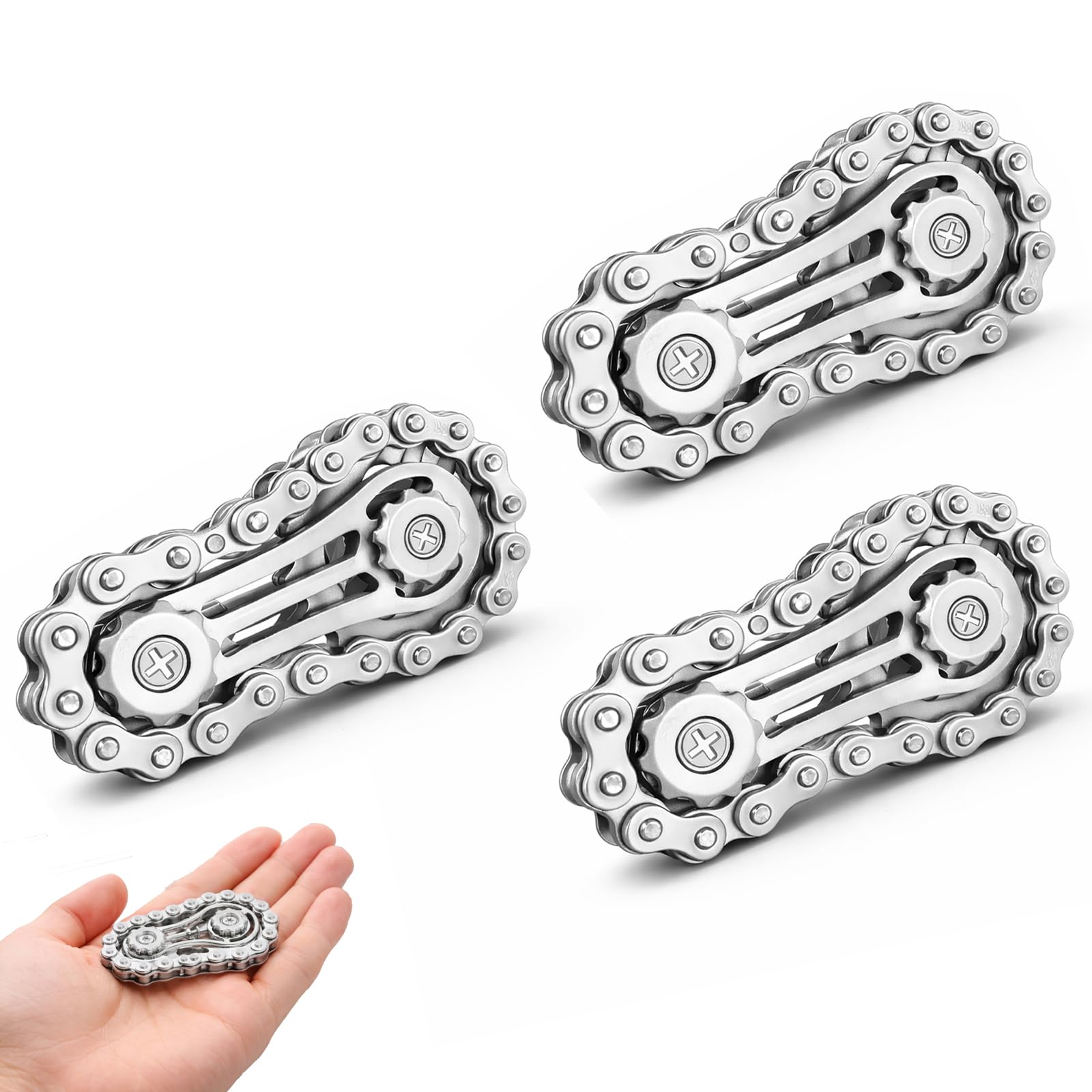 Stylish Chrome-Plated Set of 3 Oval Metal Desk Hand Rollers – Smooth Rotating Mechanical Gear Gadget for Adults, Compact Portable EDC Pocket Accessory (Silver) — image 1