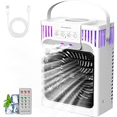 Portable Air Conditioners, 4 in 1 Cooling Fan with 3 Speeds &amp; 3 Mist Modes,1200ml Water Tank, 2-8H Timer, Remote Control, 7 Color Night Light, Quiet Small Air Cooler for Bedrooms Office Car