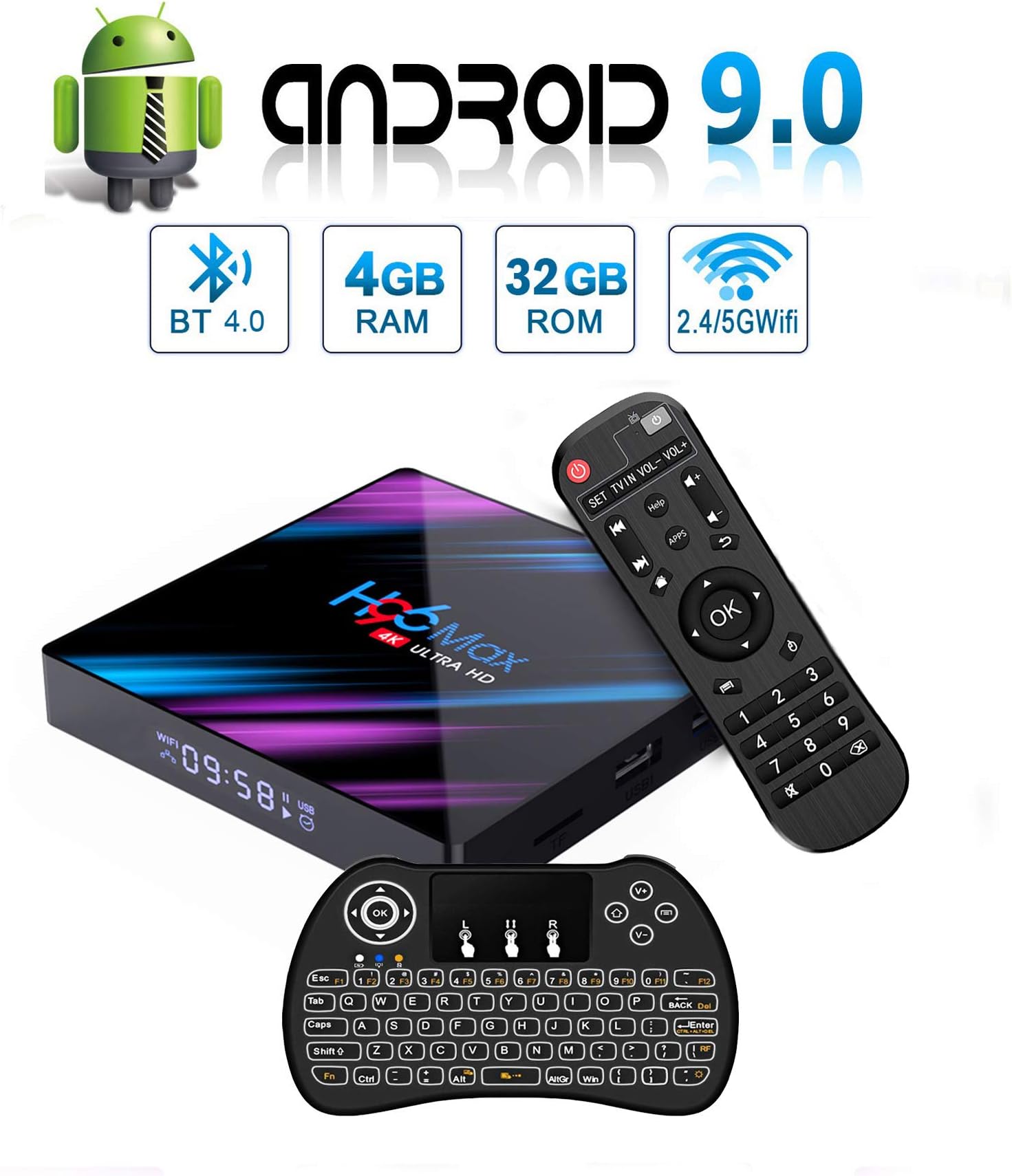 H96 MAX Android 9.0 TV Box, EstgoSZ 4GB+32GB Android Box with Backlit Wireless Keyboard USB 3.0 BT 4.0 Dual WiFi 2.4G 5G 3D H265 KD18.1 4K Smart Android TV Box