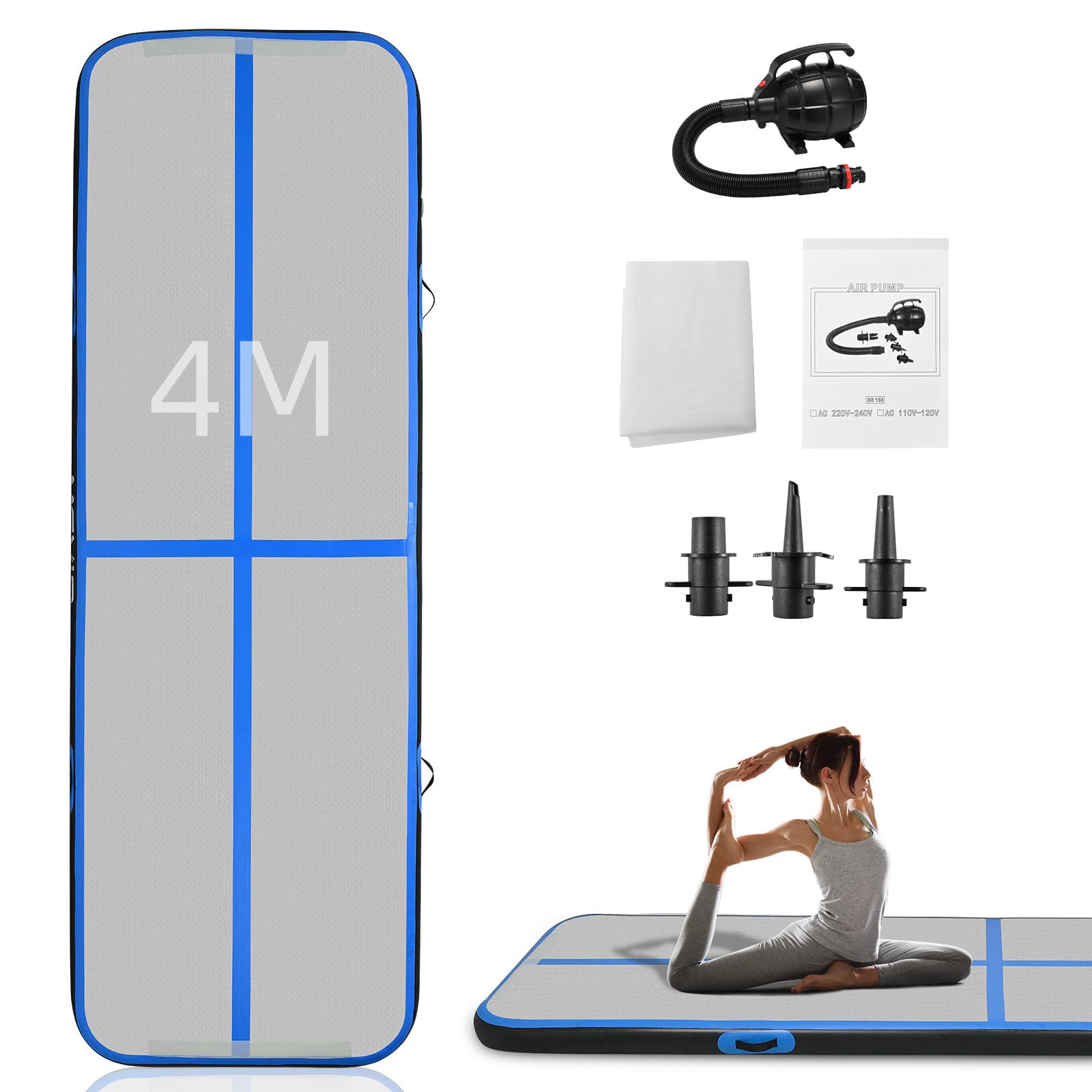 Yamvisa 4M Inflatable Gymnastics Mat Tumbling Mat 10CM Thick Air Floor Mat Tumble Track Gym Mat with Electric Air Pump for Home Use/Training/Cheerleading/Yoga/Pilates (400x100x10cm, Style B)