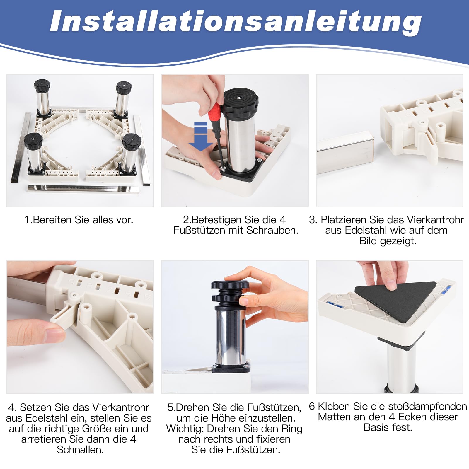 DEWEL Waschmaschine Untergestell Verstellbare Bärenlast 300KG,Waschmaschine Sockel für Trockner Kühlschrank,Gefrierschrank,Waschmaschinen Podest Breite 45-65cm,Höhe 18–22cm,Weiß 9