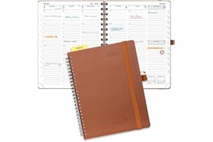 POPRUN 2024 Weekly Planner Spiral Bound - Hourly Schedule & Vertical Weekly Layout - 2024 Planner for Time Management,6.5" x 8.5"- Monthly Tabs, Pen Holder, Leather Soft Cover - Brown