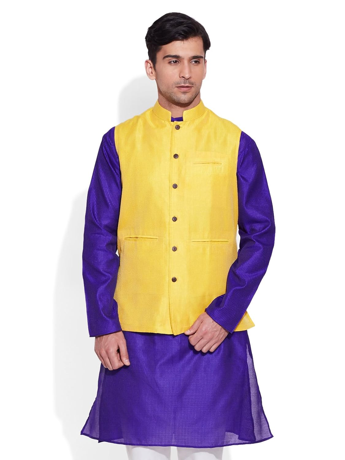 very me men's designer lemon faux silk textured nehru jacket