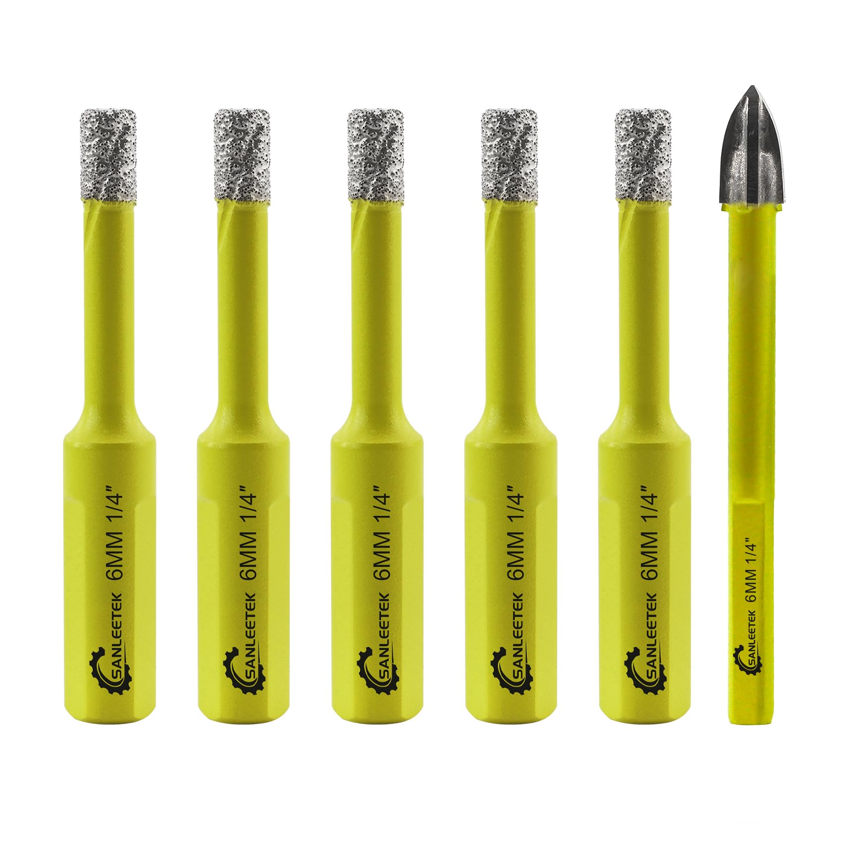 Dry Diamond Drill Bits Set - 5pcs 6mm SANLEETEK Hole Saw Kit and 1pc 6mm Carbide Drill with Triangle Shank for Ceramic Porcelain Tile Granite Marble Quartz Stoneware