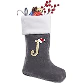 Sailup 20 Inches Monogram Christmas Stockings with Letters, Large Super Soft Christmas Stockings Grey Velvet with White Super Soft Plush Cuff for Christmas Xmas Tree Holiday Fireplace Grey