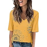 LPIGOH Women V-Neck T Shirts Half Sleeve Tops - Dressy Casual Elbow Length Fall Fashion - Fit Basic Tee Tunic Top Blouse