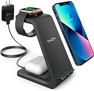 Quezqa Wireless Charging Stand – 3 in 1 Fast Wireless Charger – Qi Charging Station Dock Compatible with AirPods Pro Apple Watch SE 6 5 4 3 2 iPhone 13 Pro Max 12 11 Pro Max Xs Xr with QC3.0 Adapter