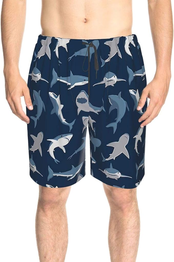 Cyloten Navy Ocean Blue Shark Swim Trunks Men's Elastic Waist Swimming
