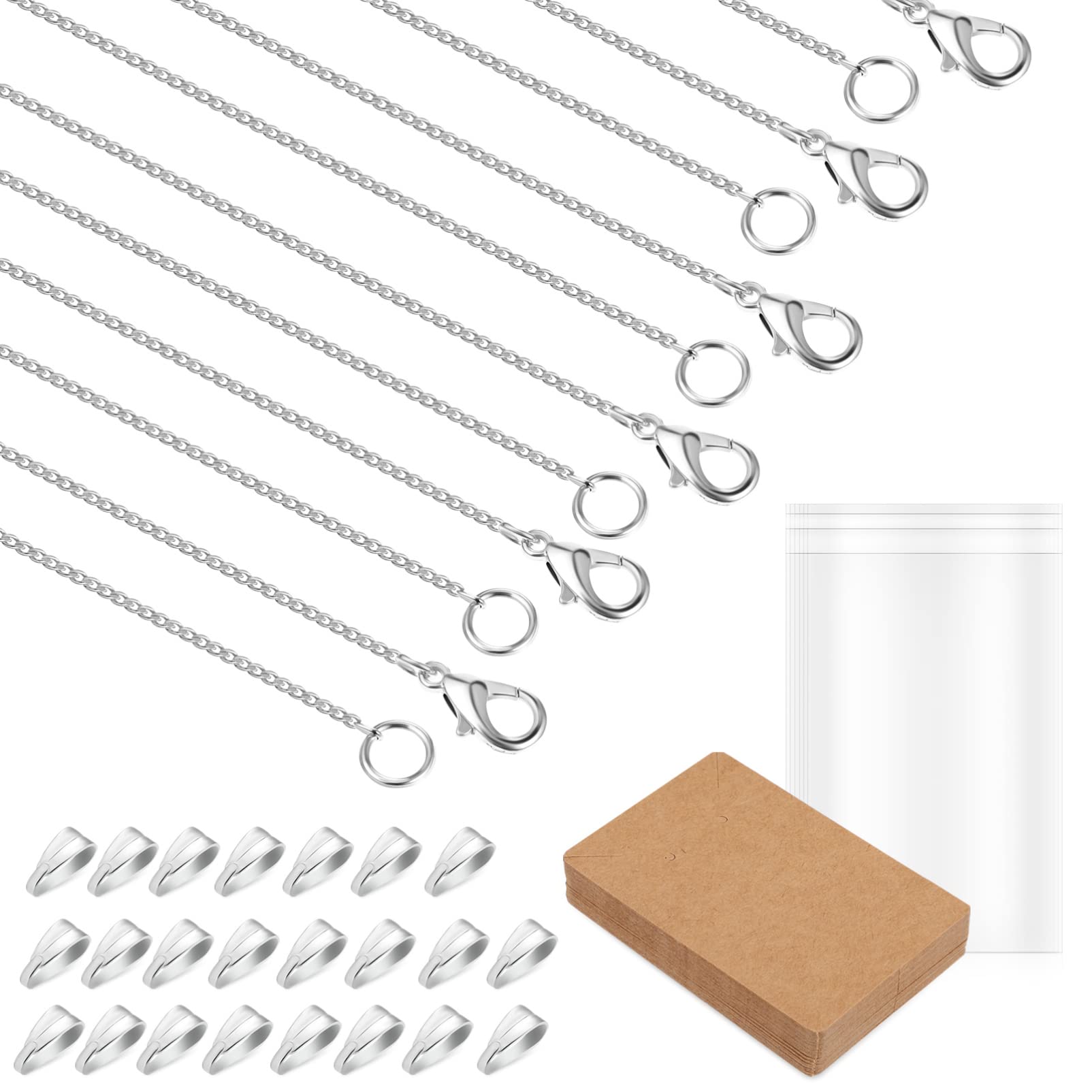 30 Set Silver Necklace Chains Bulk and 304 Stainless Steel Bails Pinch,Necklace Display Cards with Self-Seal Bags for DIY Jewelry Display