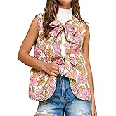 Yinawsky Women Lightweight Floral Printed Vest Sleeveless Padded Gilet Quilted Puffer Coat Bow Tie Open Front Tops