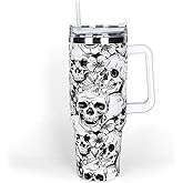 Whaline 40oz Halloween Skull Tumbler with Straw and Lid Spooky Skull Flower Travel Coffee Tumbler Cup with Handle for Trick or Treat Birthday Party Gifts