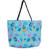Disney Lilo & Stitch Tote Bag, Stitch Blue Hawaiian Print, Large Water-Resistant Canvas Purse, Beach Vacation Accessory Bag, Work Travel Carry-All for Women