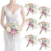 SEMONONIA Bridesmaid Bouquets Set of 6 - Blush & Pink Artificial Flowers Bouquet for Bridesmaids Wedding Small Floral Centerpieces for Marriage Proposal Party Anniversary Dining Table Decor -7 Inch