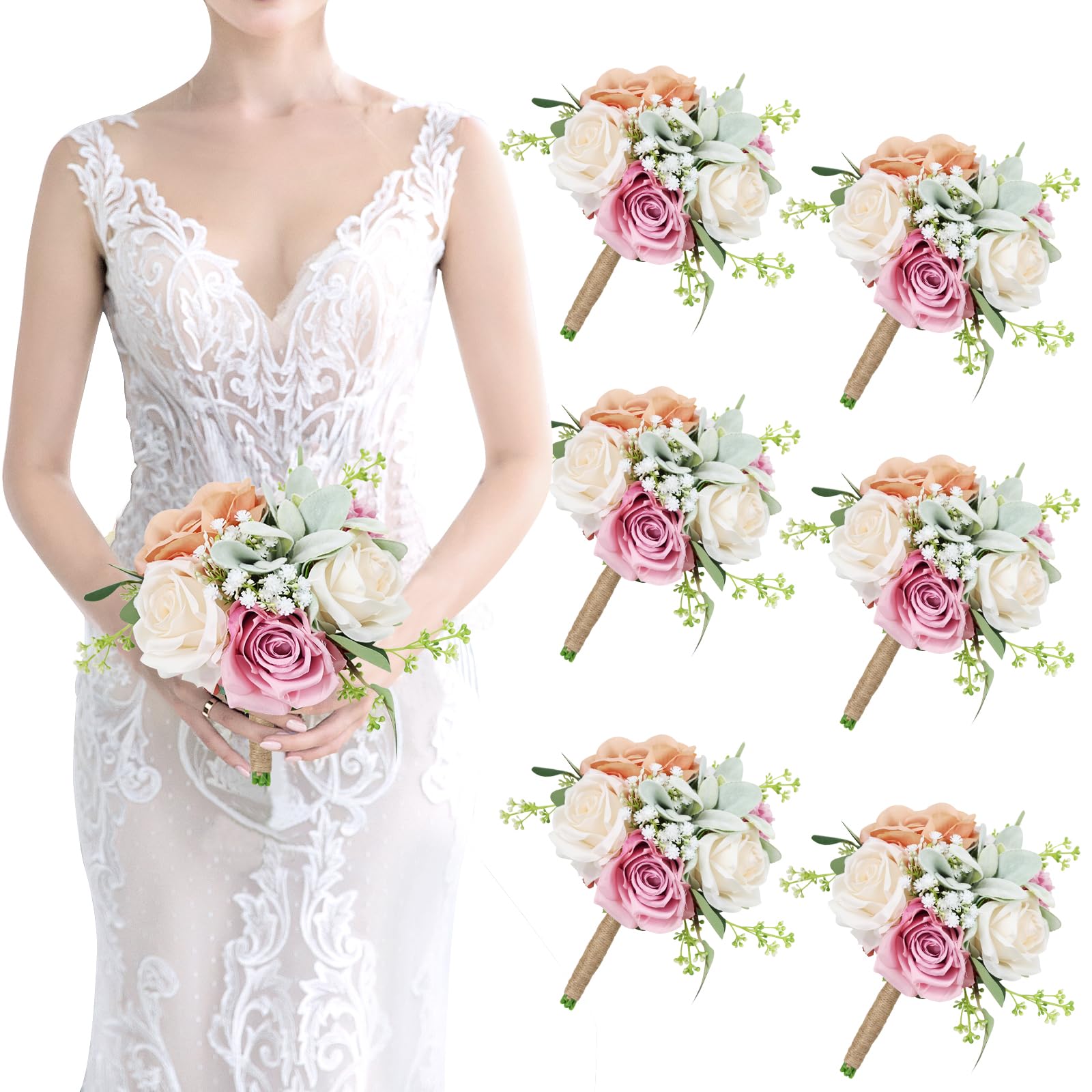 SEMONONIA Bridesmaid Bouquets Set of 6 - Blush & Pink Artificial Flowers Bouquet for Bridesmaids Wedding Small Floral Centerpieces for Marriage Proposal Party Anniversary Dining Table Decor -7 Inch Image