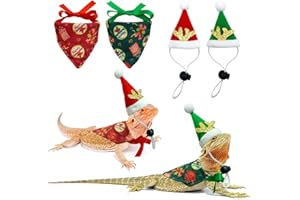 Vehomy Bearded Dragon Outfit, 4Pcs Christmas Costume Accessories - Santa Hats with Elk Horns & Reversible Bandanas for Hamster, Leopard Gecko, Guinea Pig