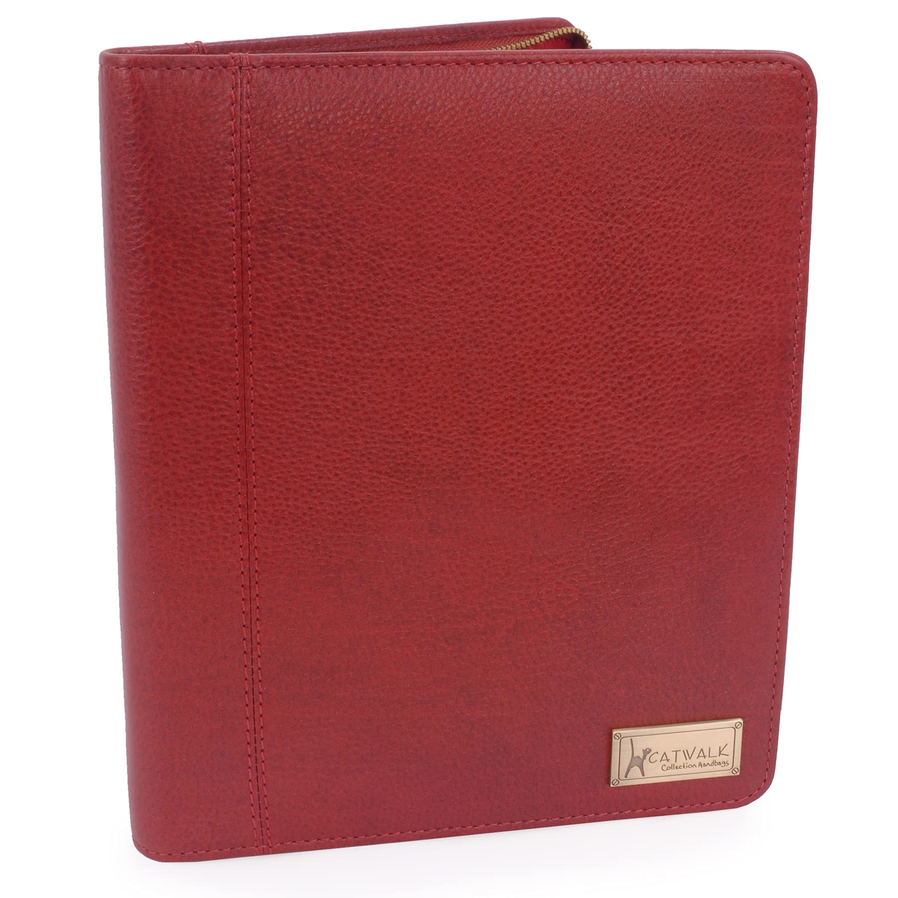 Catwalk Collection Handbags - Women's Leather A5 Conference Folder - Zip Travel Document Holder - Fits Tablet and Business Cards - Angela - Red