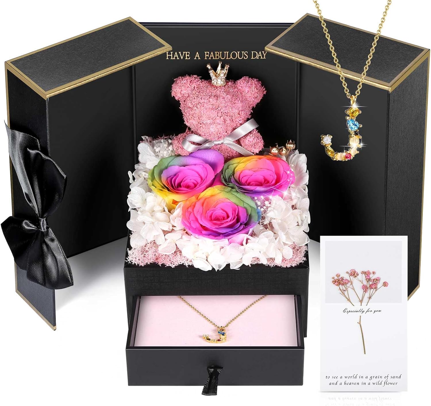 Dried & Preserved Flora - ADDWel Preserved Real Roses Gift with 18K Gold-Plated Initial Necklace, Cute Moss Bear and Rainbow Fresh Flowers, Meaningful Birthday Anniversary Presents for Her, Girlfriend, Mom, Wife, Sister