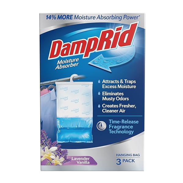 DAMPRID LAVENDER VANILLA HANGING MOISTURE ABSORBER, 16 OZ., 3 PACK – ELIMINATES MUSTY ODORS FOR FRESHER, CLEANER AIR, IDEAL FOR CLOSET, 14% MORE MOISTURE ABSORBING POWER*