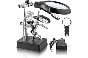 Desktop LED Lighted Magnifying Glass Soldering Station, mlogiroa Adjustable Helping Hands Magnifier 2.5X 7.5X 10X Magnifying Glass Magnifier Station with LED Light and Alligator Clips for Soldering