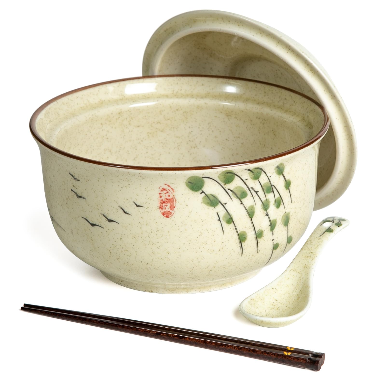 HLWDXno1 Ceramic Ramen Bowl, Japanese Style Retro Ramen Bowls Set 800ml Noodle Bowl with Chopsticks and Spoons, Asian Soup Bowls Kit with Lid for Microwave & Dishwasher Safe,Twig