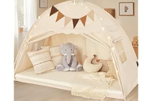 LANABUNA Twin Size Bed Tent Canopy, Kids Play Tent with Flags & Star Lights, Canopy on Bed Privacy Space Sleeping Blackout Tents, Indoor Breathable Portable & Foldable, Girls & Boys Gifts, Cream Castle Style