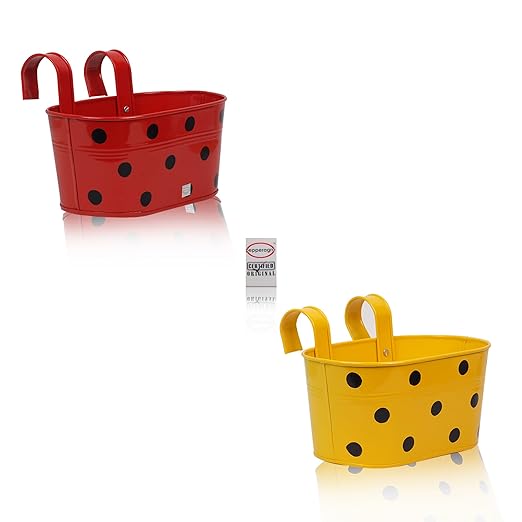 Pepper Agro Gardening Railing Balcony Planter Decorative Polka Dotted Hanging pots Metal Plant Container Assorted Colours Set of 2