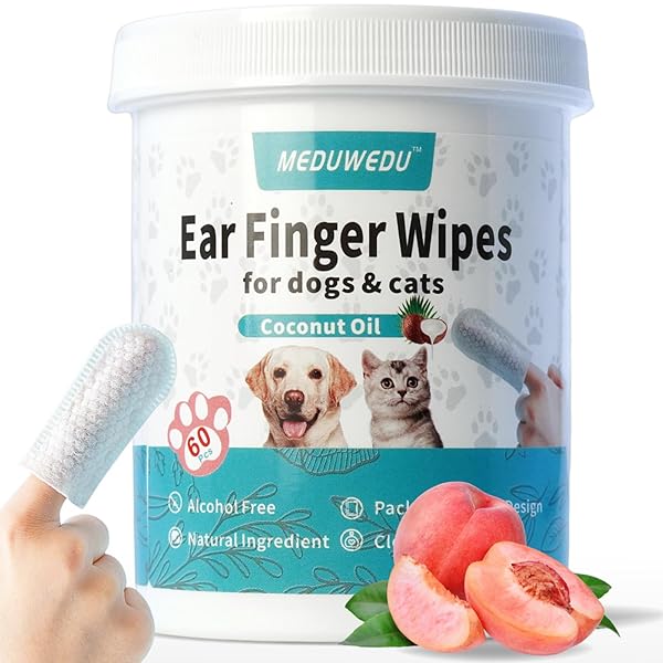 MEDUWEDU EAR CLEANER FINGER WIPES 60 COUNTS, DOG EAR CLEANER, GROOMING KIT CARE FOR DOGS AND CATS, SOFT & EASY OTIC CLEANING PADS, REMOVE WAX, DIRT & STOP SMELLY, ITCHY, NON-IRRITATING, PEACH SCENT