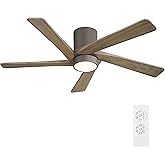 WINGBO 54 Inch Flush Mount DC Ceiling Fan with Lights and Remote, 5 Reversible Carved Wood Blades, 6-Speed Noiseless DC Motor, Hugger Ceiling Fan in Graphite Finish with Gray Blades, ETL Listed
