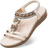 TETSUO Women Sandals Walking Flats Summer Beach Sandals Arch Support Casual Dressy Shoes for Women Elastic Ankle Strap Jeweled Bohemian Shoes